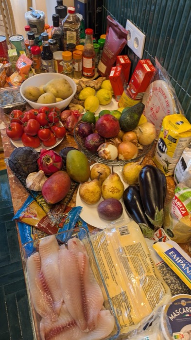 Market haul spread across a counter